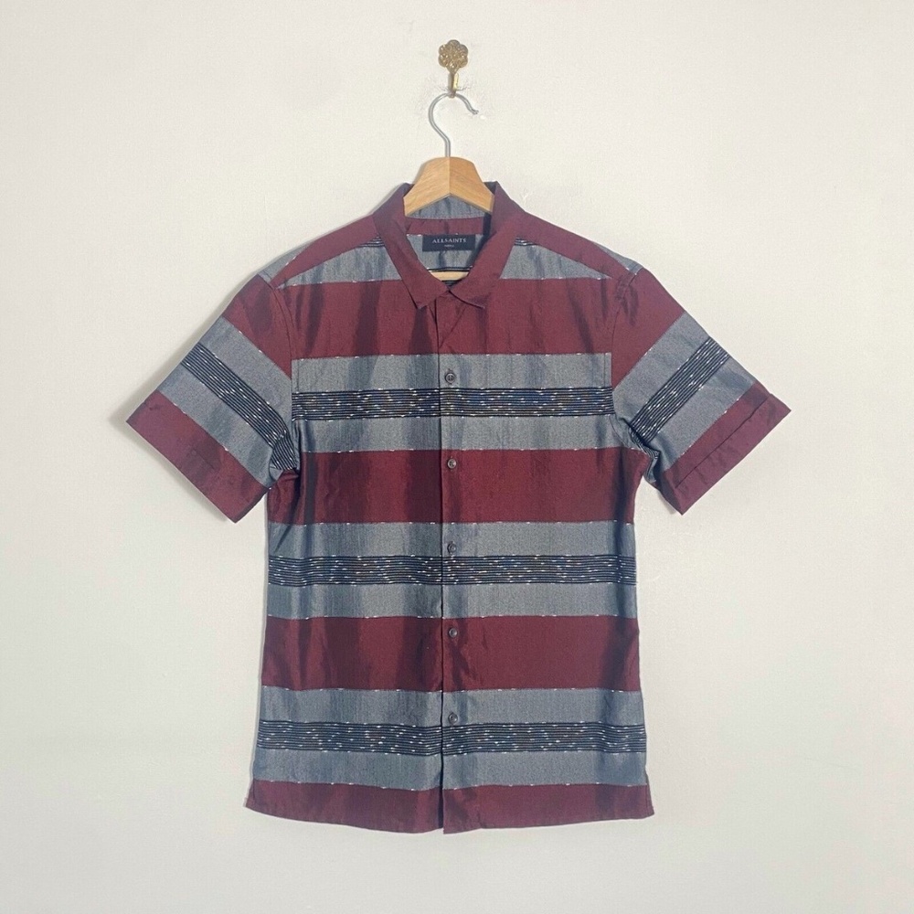 NEW All Saints Men's Burgundy and Gray Striped Shirt